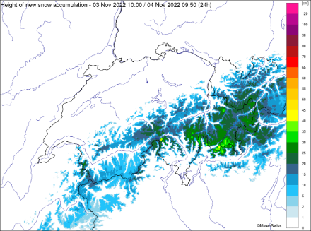 Fig. 1: Accumuli di neve delle ultime 24 ore, elaborazione INCA, dati radar e stazioni al suolo combinate con le temperature.