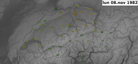 Fig. 2: Temperature massime registrate l’8 novembre 2022. Alle basse quote della Svizzera centrale e orientale furono misurati diffusamente oltre 20 gradi.