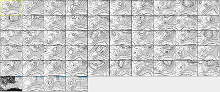 Esempio di simulazioni di previsione di insieme dell'ECMWF. Le diverse cartine mostrano il geopotenziale (o pressione) a 500 hPa (circa 5000m) per martedì 6 dicembre alle ore 12.00. È presente anche una cartina della media delle differenti mappe e una della corsa di controllo (ovvero la corsa ad alta risoluzione).