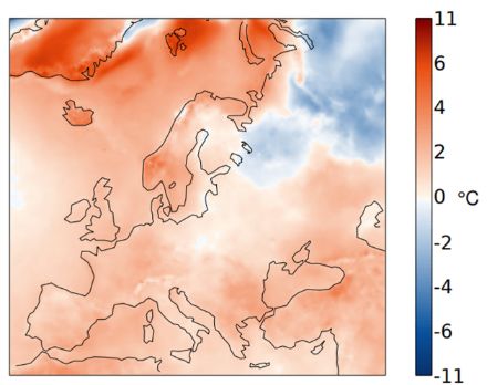 Figura 2: Distribuzione della temperatura media di novembre 2022 in Europa, rappresentata come anomalia rispetto alla norma 1991-2020. Fonte: Copernicus/ECMWF