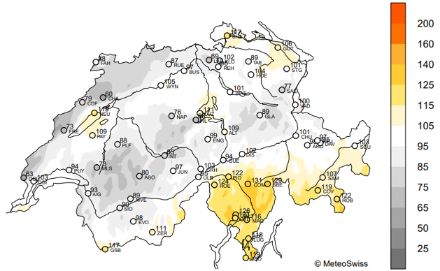 Figura 4: Durata del soleggiamento del mese di novembre in Svizzera espressa come percentuale rispetto alla norma 1991-2020. Fonte: MeteoSvizzera.