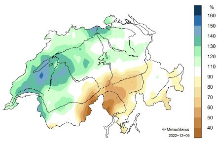 Figura 5: Somma delle precipitazioni autunnali in Svizzera, espressa come percentuale rispetto alla norma 1991-2020. Fonte: MeteoSvizzera.