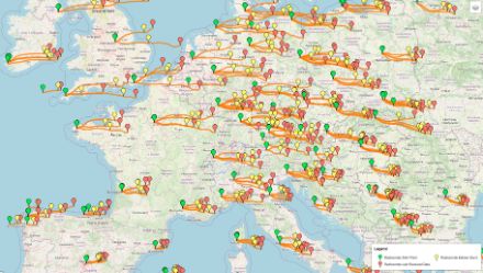 Figura 1: Traiettoria delle radiosonde lanciate fra il 27.12.22 alle ore 12 UTC e il 29.12.22 alle ore 00 UTC. I punti verdi denotano la posizione di partenza, i punti gialli la posizione in cui il palloncino è scoppiato, i punti rossi la posizione in cui sono stati ricevuti i dati per l’ultima volta. Fonte: https://radiosondy.info