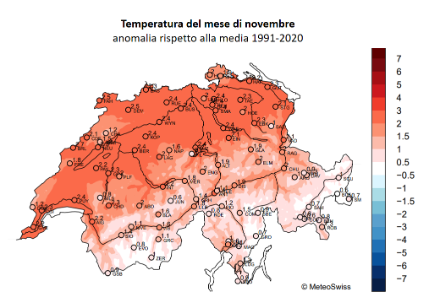 Figura 1: Anomalia della temperatura media del mese di novembre rispetto alla norma 1991-2020. Fonte: MeteoSvizzera.