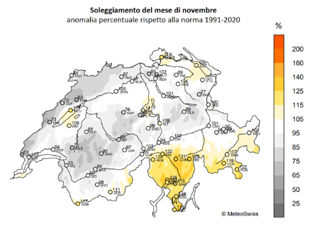 Figura 3: numero di ore di sole in novembre 2022 in Svizzera, espresso come percentuale della norma 1991-2020. Fonte: MeteoSvizzera.