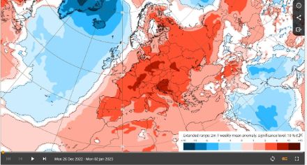 Anomalia termica per l’Europa, media della settimana dal 26.12.2022 al 2.1.2023. Anche qui dominano le varietà di rosso, indice di temperature oltre la norma.