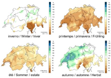 Fig. 7: Distribuzione spaziale della somma delle precipitazioni stagionali, rappresentate come anomalia percentuale rispetto alla norma 1991-2020.
