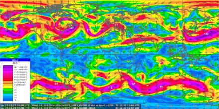 Fig. 1: La previsione della direzione e della velocità del vento a circa 5 – 6’000 metri di quota, per la mezzanotte di Natale, secondo il modello numerico ECWMF. Le bande colorate in rosso – viola indicano la cosiddetta corrente a getto, che soffia in genere da ovest verso est, con velocità comprese fra 100 e 200 km/h. Nel definire la rotta i meteorologi cercando di evitare che la slitta di Babbo Natale debba andare contro vento.