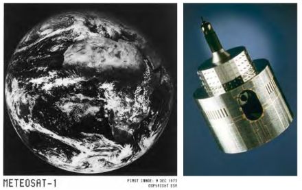 Fig. 2 : La prima immagine fornita dal satellite di prima generazione Meteosat 1, il 9 dicembre 1977. Si noti la differenza nella qualità e nel dettaglio fra questa immagine e quella della figura 1.  (Fonte: EUMETSAT).