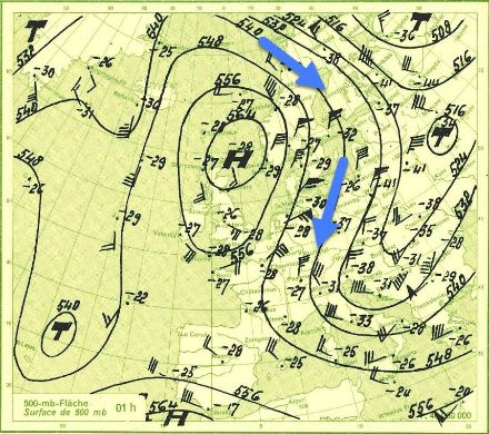 Carta sinottica 22. gennaio 1963 con evidenziato il flusso di aria gelida.