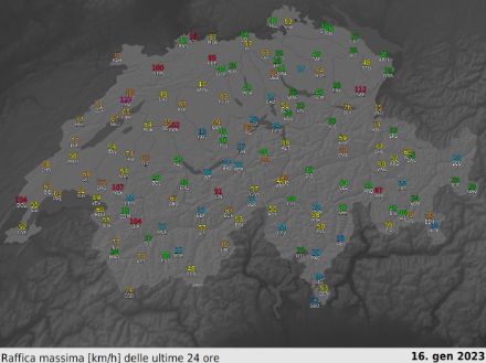Figura 3: Intensità massima delle raffiche di vento registrate lunedì 16 gennaio 2023 fino alle ore 16. Fonte: MeteoSvizzera