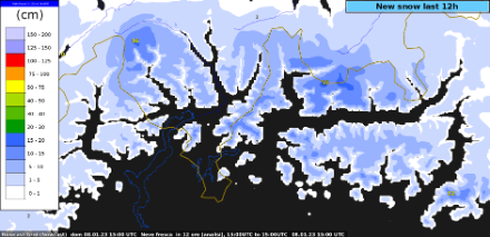 Figura 4: Altezza delle neve fresca stimata dall’algoritmo INCA alle ore 17 di domenica 8 gennaio 2022. Fonte: MeteoSvizzera.