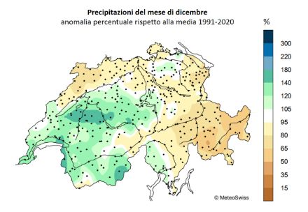 Figura 3: Totale delle precipitazioni del mese di novembre a sud delle Alpi, espresso come percentuale rispetto alla norma 1991-2020. Fonte: MeteoSvizzera.