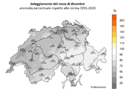 Figura 5: numero di ore di sole in dicembre 2022 in Svizzera, espresso come percentuale della norma 1991-2020. Fonte: MeteoSvizzera.