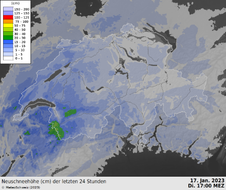 Fig. 4: Analisi di INCA: accumuli nevosi delle 24 ore comprese tra le 17:00 del 16.02.2023 e le 17:00 del 17.01.2023 (ora locale). Fonte: MeteoSvizzera.