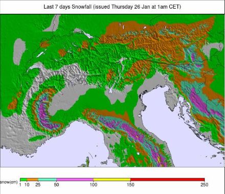Fig. 1: Accumuli di precipitazioni nevose negli ultimi 7 giorni ad oggi 26 gennaio. 