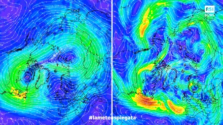 Fig.3: a sinistra il vortice polare stratosferico al 21 novembre 2022: mostra ancora un dipolo, il lobo verso il Canada è il responsabile dell’intensa ondata di freddo e nevicate da record nel Nordamerica tra il 15 e il 20 novembre 2022. A destra il vortice polare troposferico lo stesso giorno a una quota di circa 5000m, con una distribuzione decisamente più caotica rispetto al dipolo stratosferico, addirittura è difficile riconoscerlo. Verso il Nordamerica si riconosce la zona di bassa pressione che ha favorito la discesa di aria artica con nevicate abbondanti.