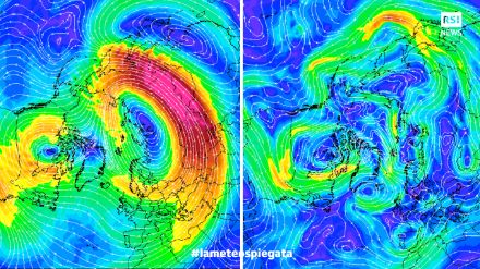 Fig.5: Vortice polare stratosferico (sinistra), che è stato correttamente previsto dai modelli numerici per mercoledì 7 dicembre, mostrava ancora un dipolo, con il lobo principale posizionato sulla Siberia e l’altro a ovest della baia di Hudson. Anche il vortice polare troposferico (destra) non è particolarmente sviluppato e mostra una circolazione piuttosto caotica. Sotto il lobo principale stratosferico si nota una zona di alta pressione (sulla Siberia meridionale), mentre a nord della Baia di Hudson il lobo stratosferico del vortice polare innesca una rotazione ciclonica anche a livello troposferico. 