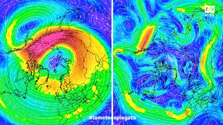 Fig.6: Le previsioni a lungo termine di inizio dicembre mostravano che da metà dicembre il vortice polare stratosferico (a sinistra) e troposferico (a destra) avrebbe iniziato a organizzarsi maggiormente. La forte corrente a getto visibile al largo delle coste dell’Alaska avrebbe poi innescato le dinamiche all’origine dell’ondata di freddo record sull’America settentrionale nel periodo natalizio appena trascorso.