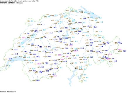 Mappa delle temperature minime in Svizzera dal 1° al 22 gennaio 2023.