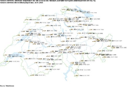 Mappa dei record di freddo in Svizzera.
