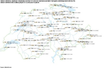 Temperature più elevate mai registrate nel mese di gennaio in Svizzera, stato al 31 dicembre 2022. Tra parentesi la data in cui è stata misurata la massima assoluta.