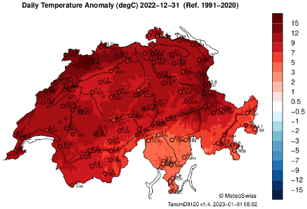 Temperatura media giornaliera del 31 dicembre 2022 rappresentata come scarto dalla norma stagionale. 