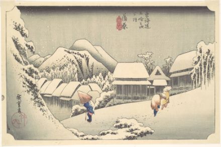 Fig. 3: Neve serale a Kanbara, dalla serie Cinquantatré stazioni del Tokaido, illustrazione giapponese del 1833-34 circa.