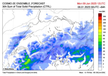 Fig. 1 accumuli di precipitazioni solide, 30 ore entro lunedì 9 gennaio, 12:00 UTC