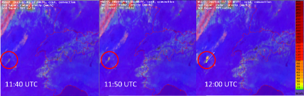 Fig. 3: Esempio di rilevamento precoce grazie alle immagini satellitari di una cella temporalesca. Alle 11:40 UTC del 7 luglio 2015 le informazioni satellitari hanno permesso di identificare una cella temporalesca in sviluppo sulla Francia. Il radar meteorologico ha rilevato la medesima cella solo alle 12:00 UTC (la freccia bianca nell’immagine di destra mostra la stima dello spostamento della cella temporalesca, basata sui dati radar). Il temporale si sviluppò effettivamente e alcune ore dopo raggiunse la regione di Ginevra.