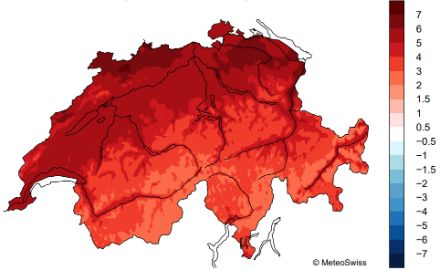 Figura 1: Anomalia della temperatura media dei primi 14 giorni di gennaio 2023 rispetto alla norma 1991-2020 (in °C). Fonte: MeteoSvizzera.
