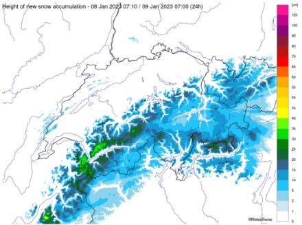 Fig. 2: Stima dell'altezza della neve fresca (in cm) caduta fra l'8.1.2023 ore 7.00 e il 9.1.2023 alle 7.00. 