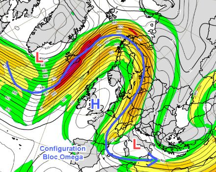 Configurazione di "blocco omega" visibile sulla mappa a 300 hPa (circa 9000 m) con la sovrapposizione dei corridoi di vento della corrente a getto. Questa è la mappa delle previsioni per lunedì 6 febbraio 2023 alle 13:00 ora locale. La situazione di blocco dell'alta pressione a forma di lettera greca Omega è facilmente visibile.