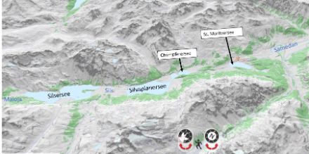 Carta geografica della regione dei laghi dell'Alta Engadina.