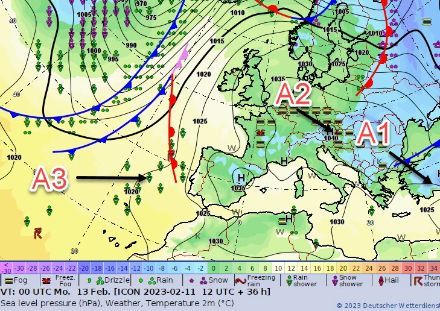 Distribuzione della pressione al suolo prevista per lunedì 13 febbraio alle 12 UTC.