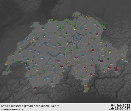 Fig. 4: Raffiche massime di vento registrate nelle ultime 24 ore, entro sabato 15:00. 