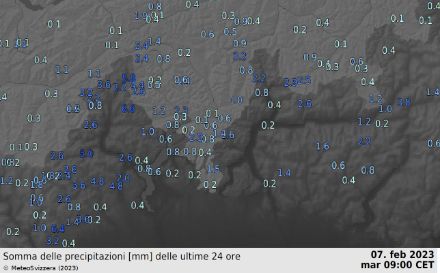 Fig. 1: Somma delle precipitazioni, ultime 24 ore, entro martedì 07.02.0223 09:00.