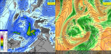 Fig. 1: Run del modello ECMWF IFS HRes Globale di venerdì 17.02.2023 12:00 UTC, a sinistra gli accumuli su 24 ore previsti entro venerdì 24.02.2023 18:00 UTC, a destra altezza del geopotenziale, temperature e umidità a 500hPa.