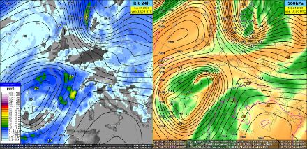 Fig. 2: Run del modello ECMWF IFS HRes Globale di sabato 18.02.2023 00:00 UTC, a sinistra gli accumuli su 24 ore previsti entro venerdì 24.02.2023 18:00 UTC, a destra altezza del geopotenziale, temperature e umidità a 500hPa.