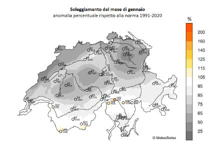 Figura 5: Soleggiamento del mese di gennaio, espresso come percentuale rispetto alla norma 1991-2020. Fonte: MeteoSvizzera.