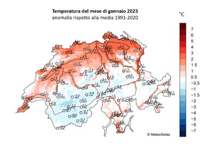 Figura 2: Mappa della temperatura media di gennaio 2023 in Svizzera, rappresentata come anomalia rispetto alla norma 1991-2020. Fonte: MeteoSvizzera.