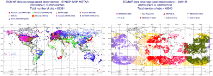 Fig. 2: la distribuzione delle fonti di dati utilizzati per “dare il via” ai calcoli dei supercomputer il 25 settembre 2022. A sinistra le stazioni al suolo, a destra i dati dai satelliti geostazionari. Questi ultimi forniscono dati essenziali da regioni poco coperte dalle stazioni al suolo. (Fonte: ECMWF). 