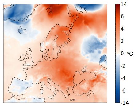 Fig. 2: Distribuzione spaziale della temperatura media di gennaio 2023 in Europa, rappresentata come anomalia rispetto alla norma 1991-2020. 
