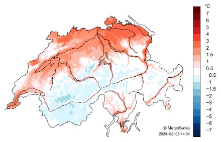Fig. 4: Distribuzione spaziale della temperatura media del mese di gennaio 2023 in Svizzera, rappresentata come anomalia rispetto alla norma 1991-2020. 
