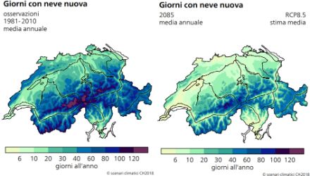 Figura 2: Numero medio all’anno di giornate con neve fresca in Svizzera nel clima attuale (media 1981-2010, a sinistra) e verso la fine del secolo (a destra) considerando uno scenario in cui i gas serra continueranno ad aumentare. Un giorno di neve fresca è quello in cui viene misurato almeno 1 cm di neve caduta nelle precedenti 24 ore. Fonte: MeteoSvizzera.