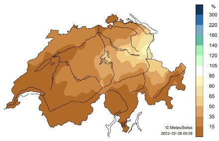  Fig. 3:  Distribuzione spaziale della somma della precipitazione del mese di febbraio 2023 (stato al 26 febbraio), rappresentata come percentuale rispetto alla norma 1991-2020. 