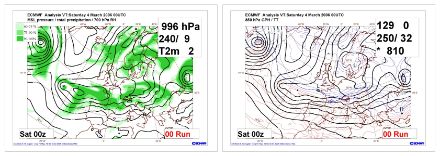 Analisi del modello ECMWF del 04.03.2006, ore 0 UTC: pressione al suolo con umidità relativa a 700 hPa (sinistra) e geopotenziale a 850 hPa con temperatura (destra).