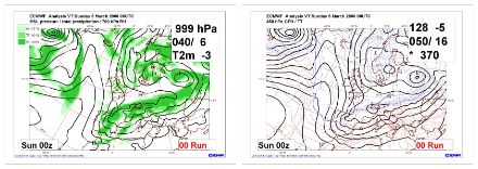 Analisi del modello ECMWF del 05.03.2006, 0 UTC: pressione al suolo con umidità relativa a 700 hPa (sinistra) e geopotenziale a 850 hPa con temperatura (destra).