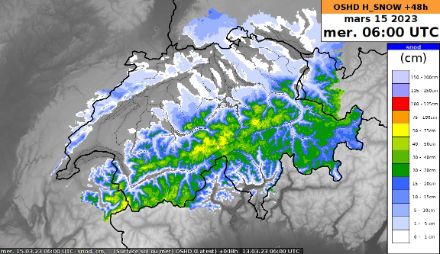 Figura 5. Accumulo di neve fresca (in cm) atteso fino a mercoledì 15 marzo alle 06 h UTC previsto dal modello OSHD. Fonte: SLF / MeteoSvizzera.