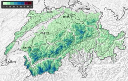 Fig. 1: Quantitativi di neve fresca tra le 07:00 di venerdì 10.3.2023 e le 07:00 di oggi, sabato 11.3.2023. Questa rappresentazione combina dati delle stazioni di misura al suolo con dati dei modelli meteorologici e nivologici. Fonte: SLF